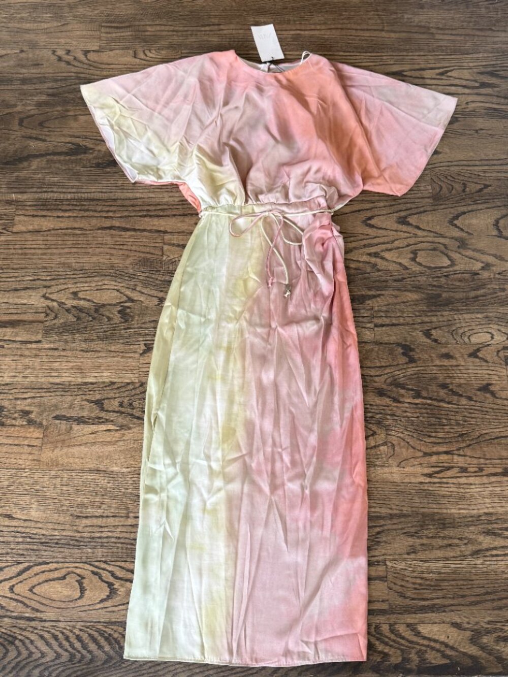 Zara Satin Multicolor Pink / Gold Full Short Sleeve Long Dress Sz Medium NWT $69